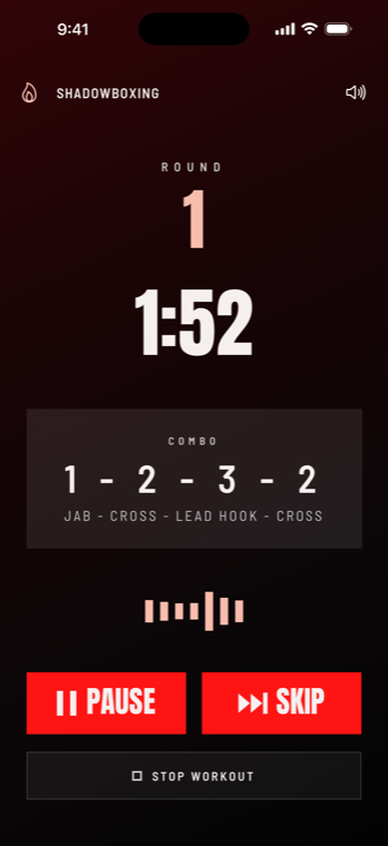 Boxing Coach live coaching screen showing round 1, a 1:52 timer, and the combo 1-2-3-2 jab cross lead hook cross
