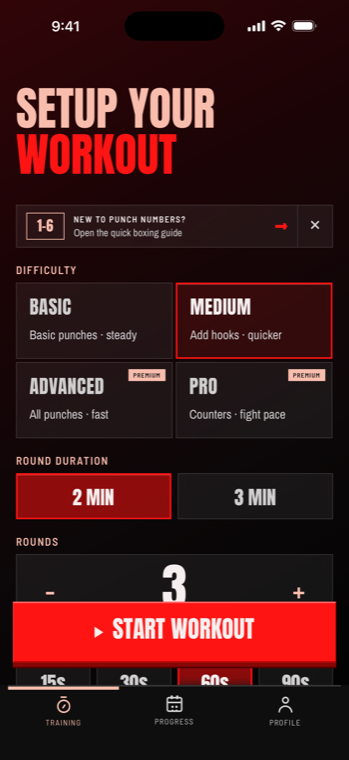 Workout setup screen with difficulty, round duration, and rounds