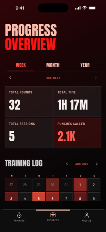 Progress overview with rounds, time, sessions, punches, and training log