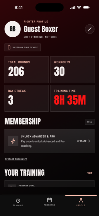 Fighter profile screen with stats and membership