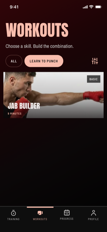 Workouts tab showing the Learn to Punch playlist and the 9-minute Jab Builder session
