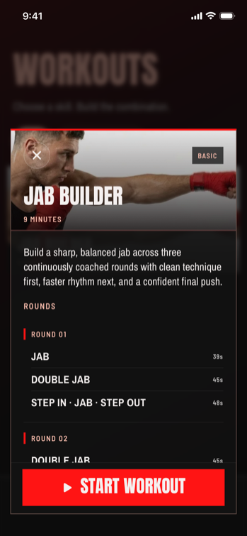 Jab Builder workout preview listing round one: jab, double jab, and step in jab step out with timings